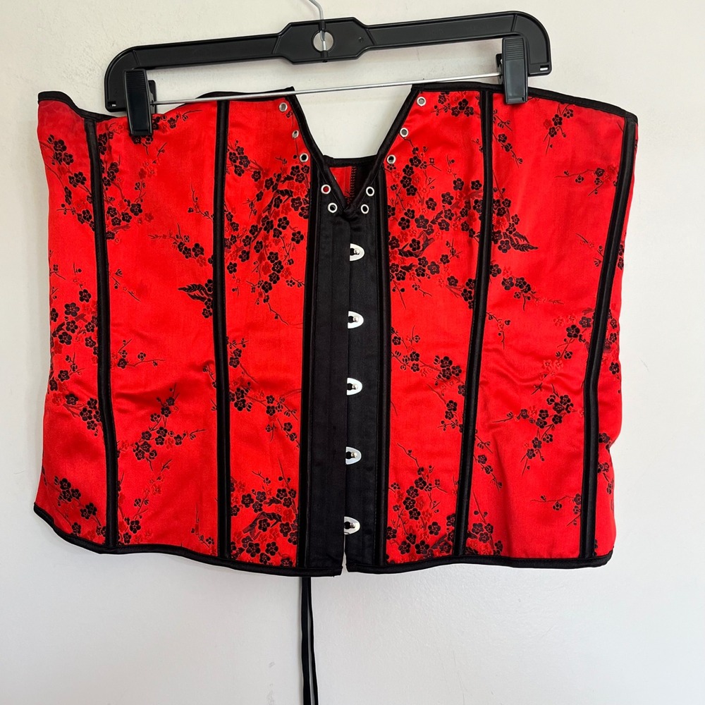 Red‎ Black Floral Cherry Blossom Jacquard Lace Up Corset Top Plus Size 6XL
